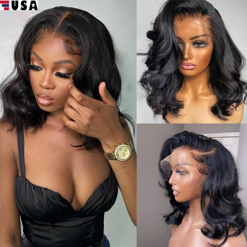 14-Inch Glueless Brazilian Human Hair Bob Wig - Natural Black Wavy Lace Front