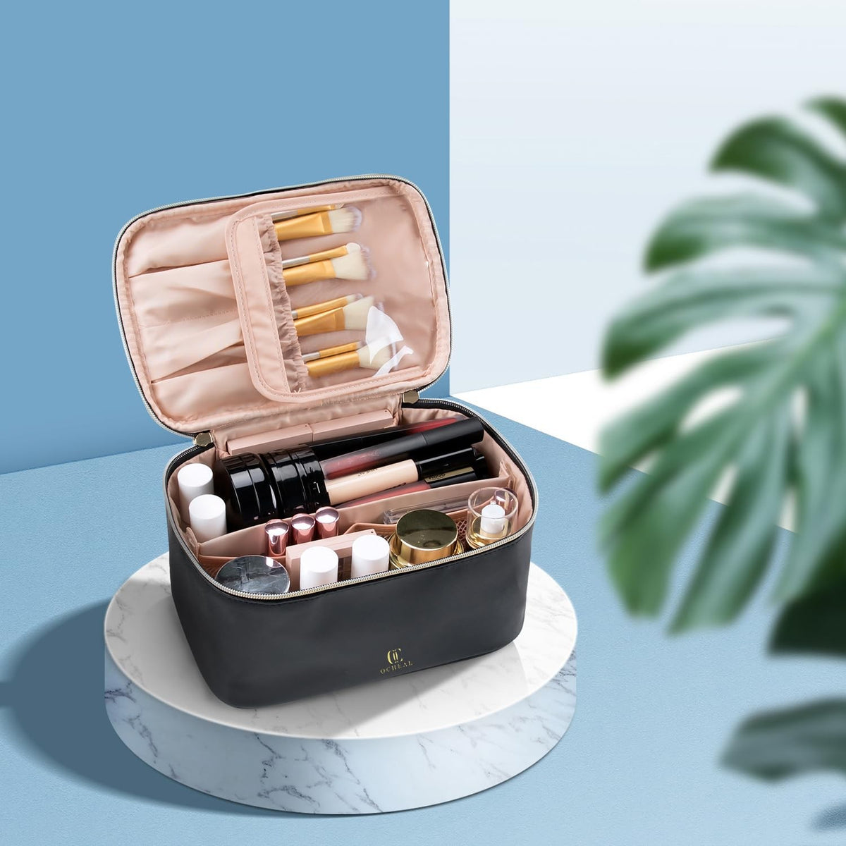Large Capacity Travel Makeup Bag Organizer with Divider and Handle - Waterproof Vegan Leather