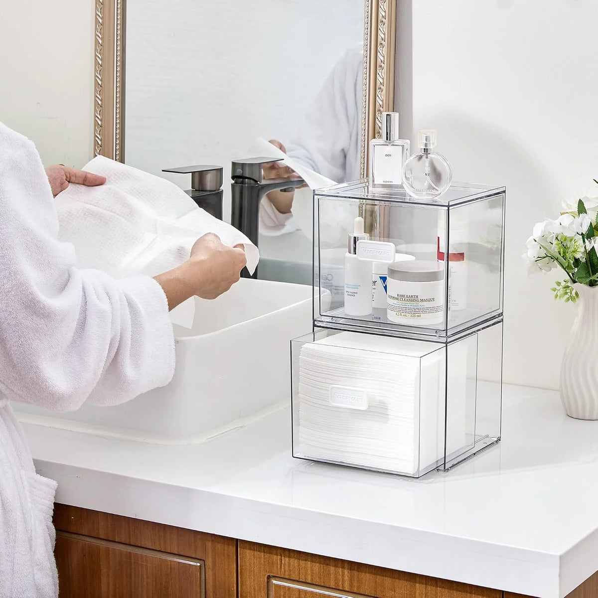 Disposable Facial Towel Holder with Clear Storage Drawer - Fits XL Towels