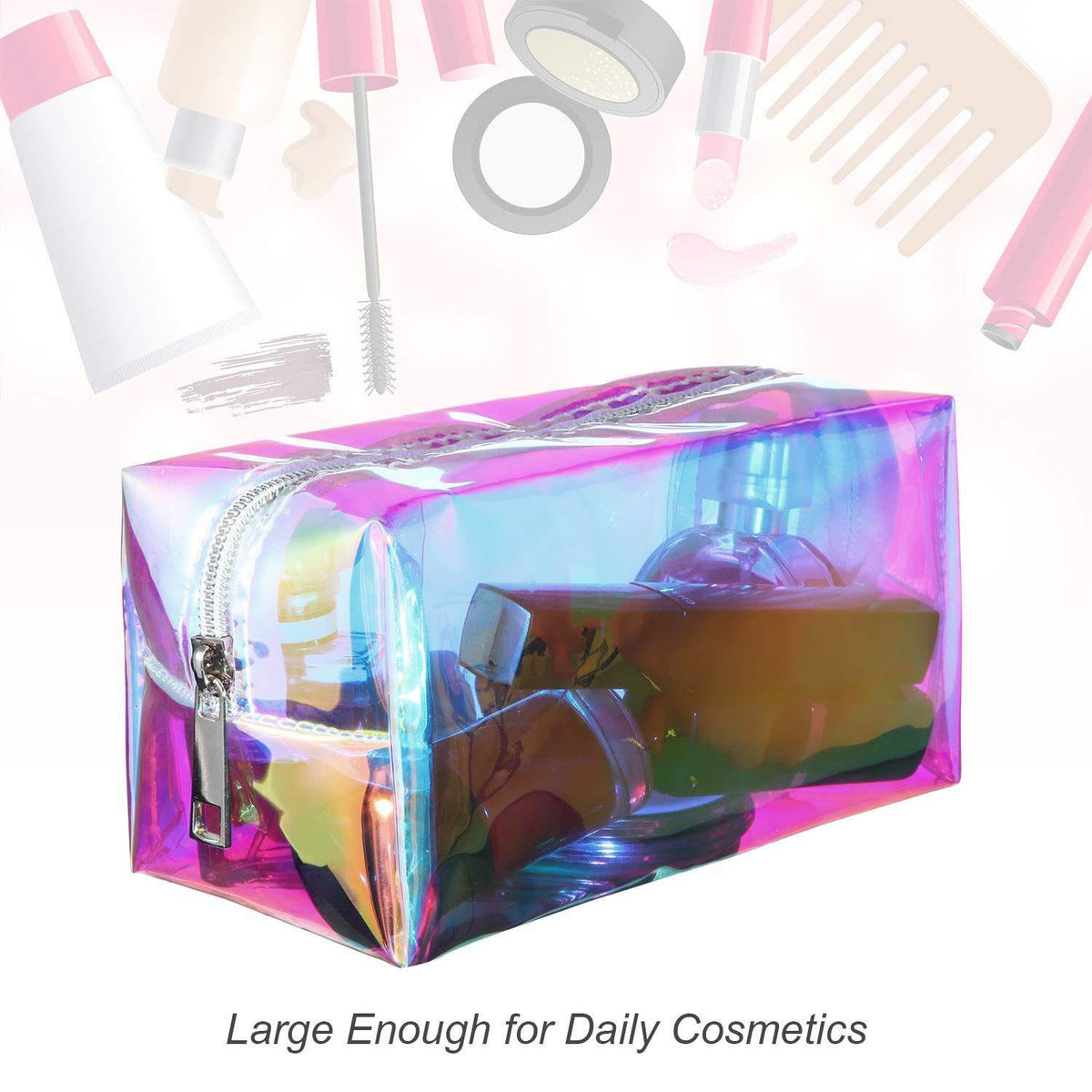Clear Iridescent Holographic Makeup Bag Glitter Travel Cosmetic Pouch 2 Pack