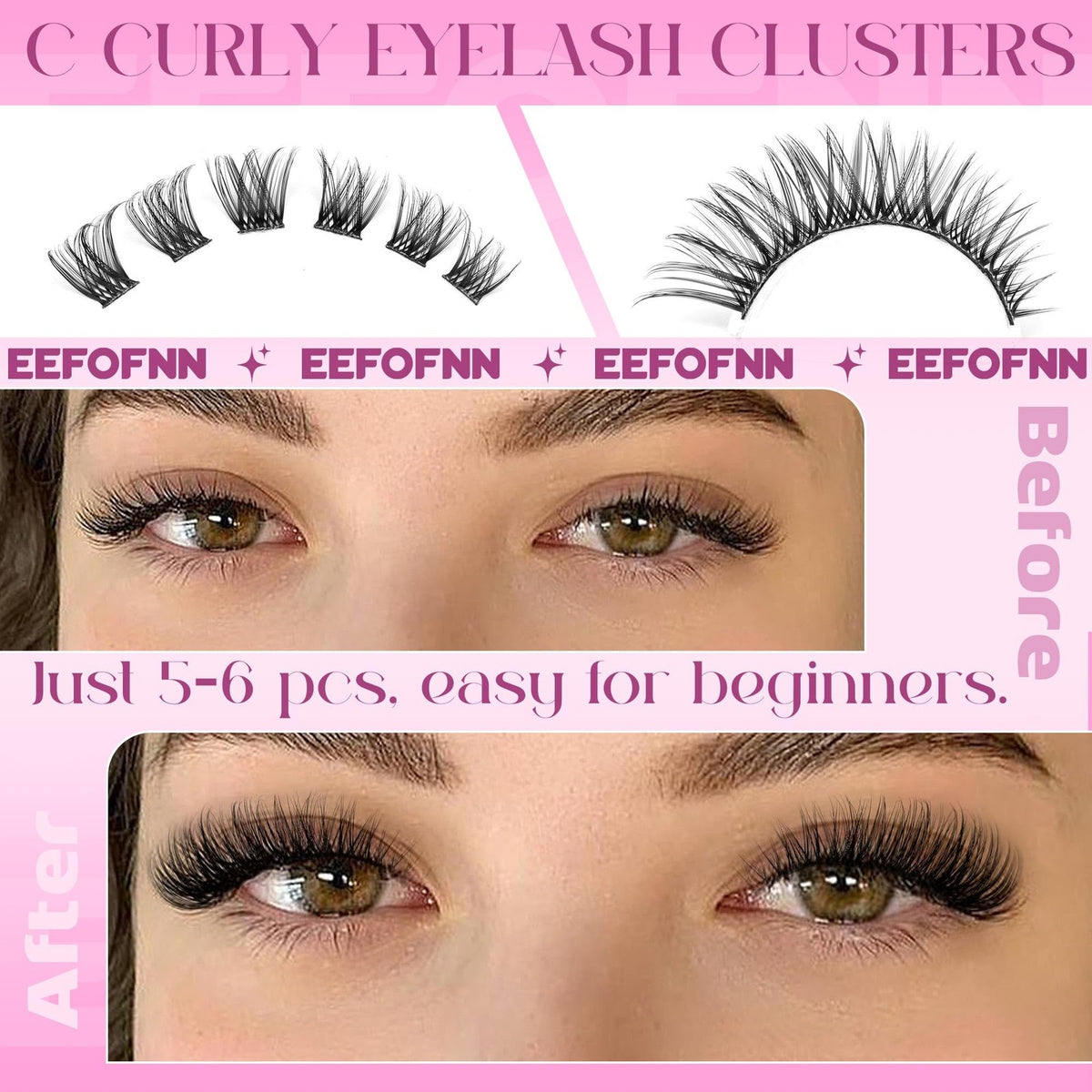 Natural Wispy Lash Clusters for Eyelash Extensions - Black, C Curl, Pack of 1