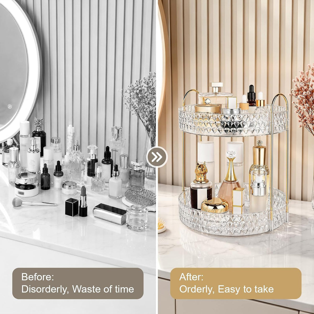 Large Capacity Rotating Makeup Organizer with 2 Tiers and Acrylic Finish