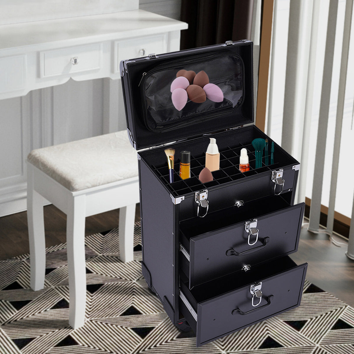 Rolling Makeup Train Case with Multiple Layers and Large Capacity - Salon Beauty Organizer