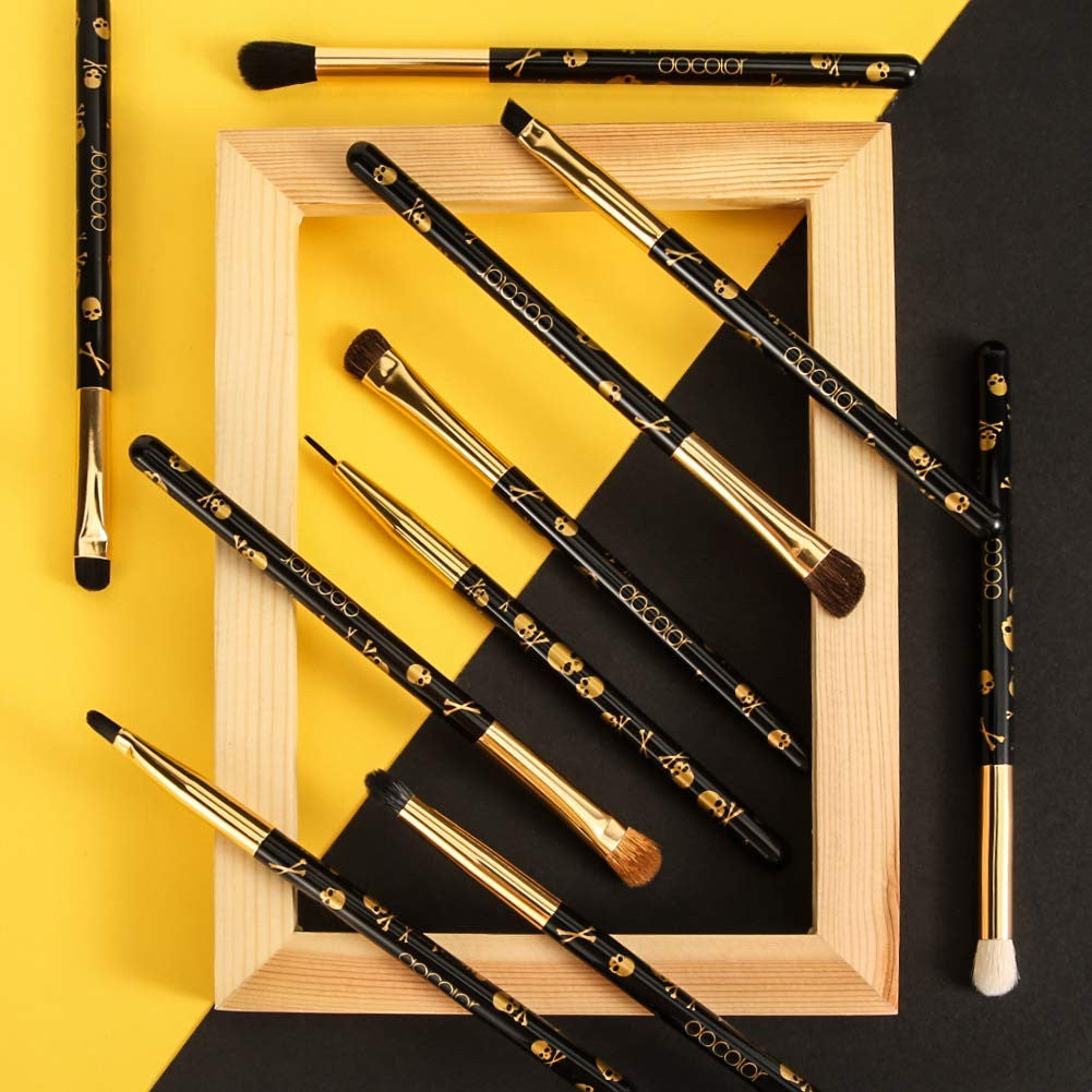 10Pcs Eye Makeup Brush Set with Skull Printed Handles for Eyeshadow & Eyeliner