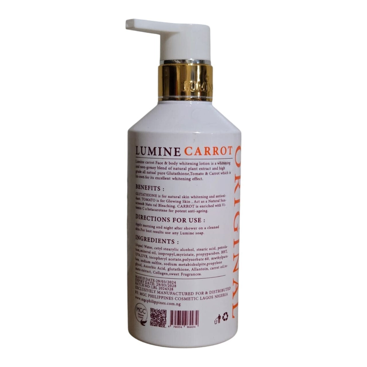 Lumine Carrot Brightening Firming Lotion SPF 50++ for Face & Body 2 Pack 400ml