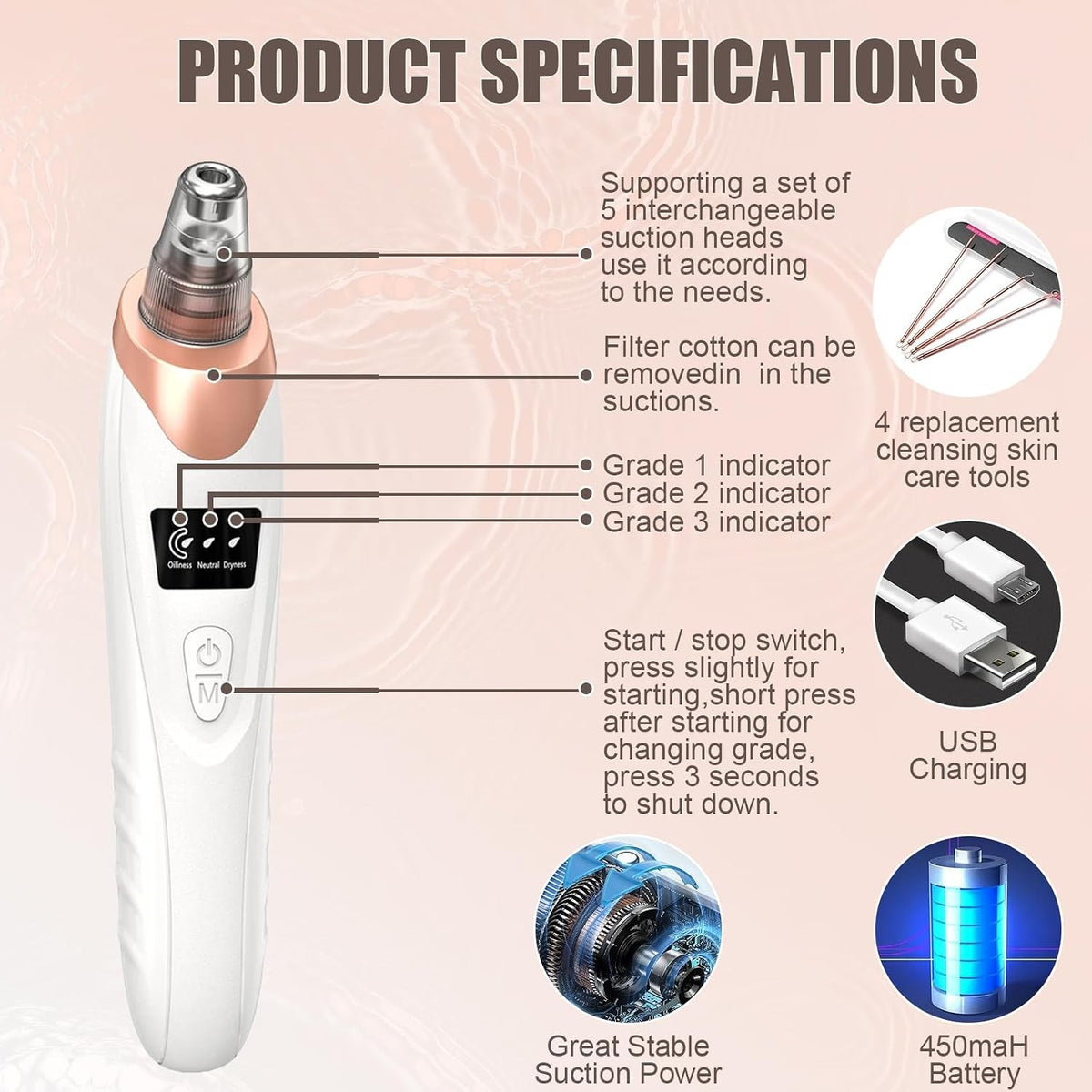 Gold Blackhead Remover Pore Vacuum Cleaner with 5 Suction Power Probes - Facial Skin Care Device