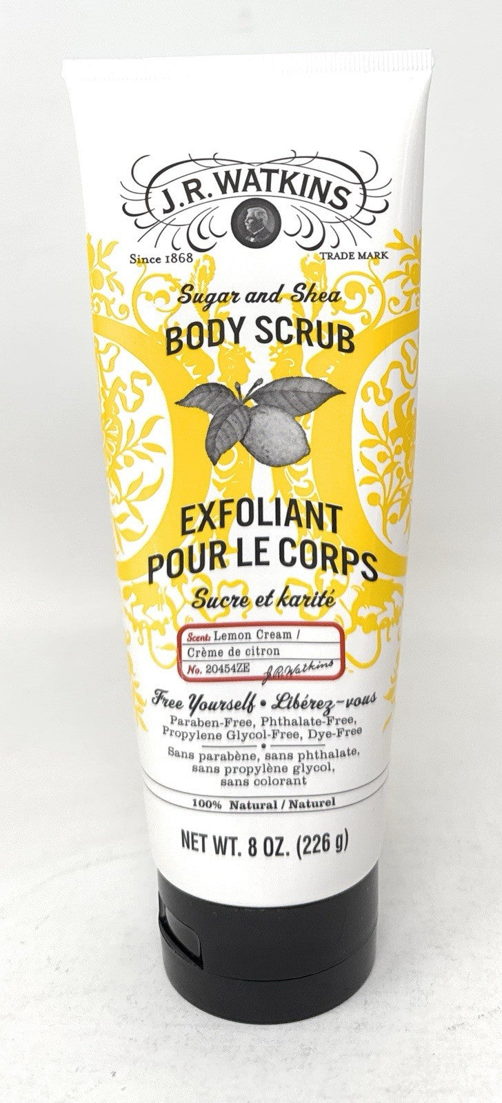 J.R. WATKINS Sugar & Shea Body Scrub Exfoliant Lemon Cream 8 oz Tube