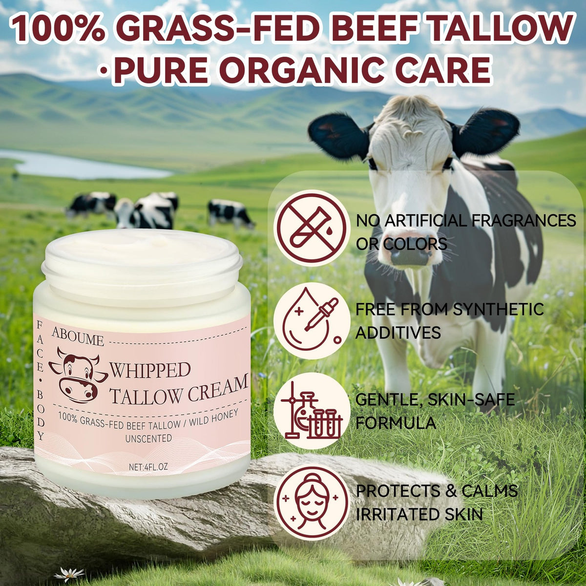 Beef Tallow Skin Moisturizer - 100% Grass-Fed Whipped Face & Body Balm, 4 Fl Oz