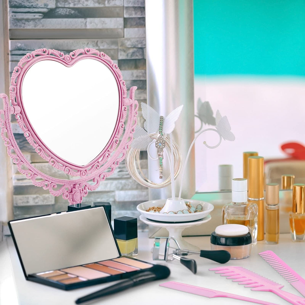 Heart Shaped Vanity Mirror & Hair Combs Set - Rotatable Double-Sided Pink
