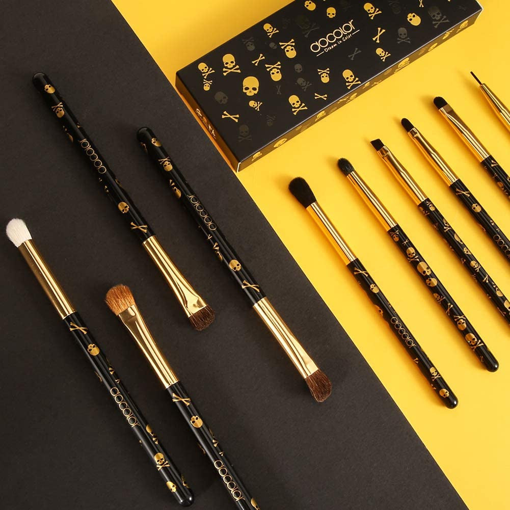 10Pcs Eye Makeup Brush Set with Skull Printed Handles for Eyeshadow & Eyeliner