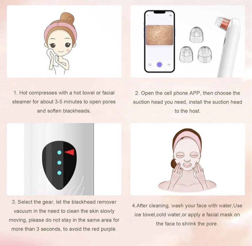 Blackhead Remover Vacuum with HD Camera & App, Rechargeable, 4 Probes