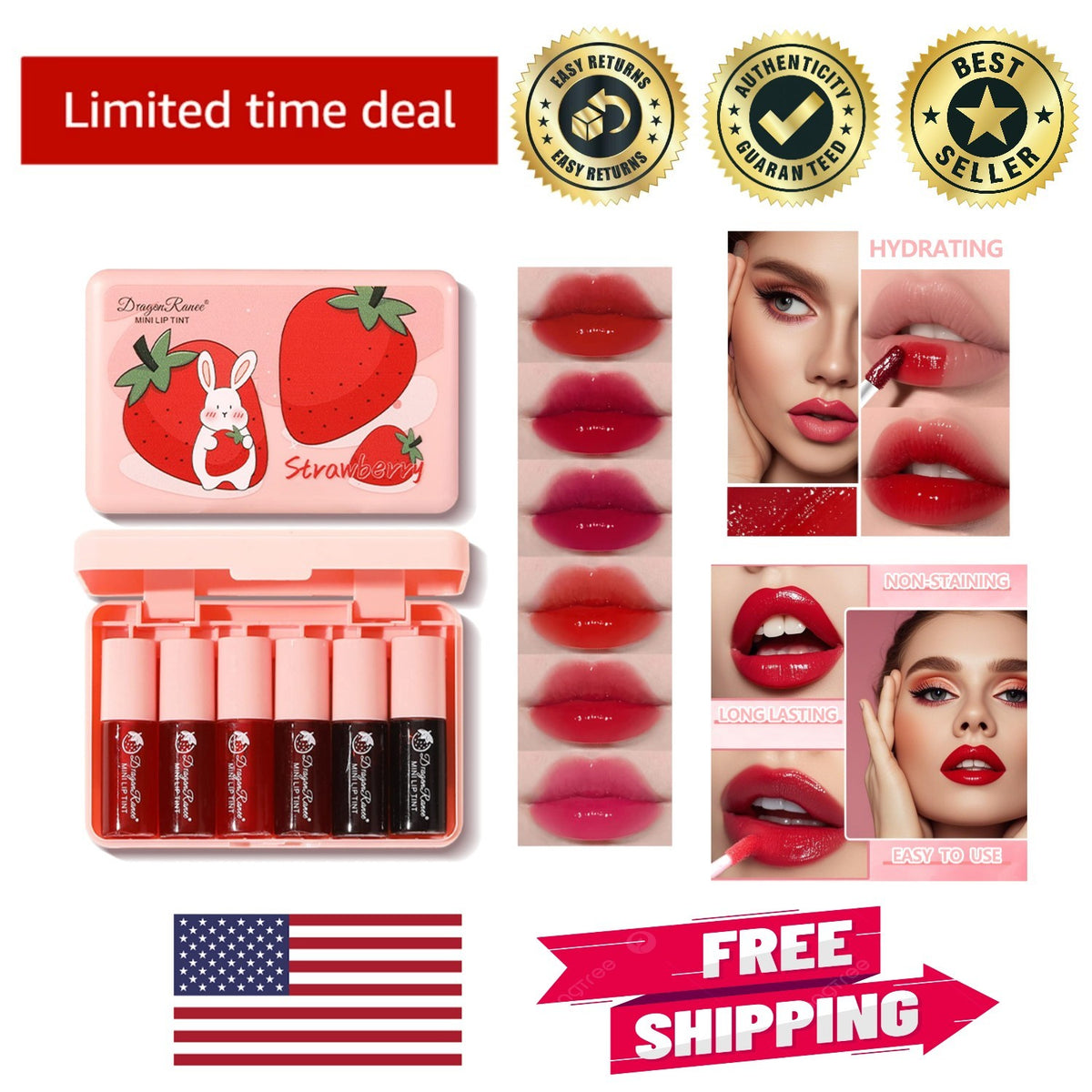 6-Color Lip Tint and Blush Set - Moisturizing Waterproof Long-Lasting Makeup