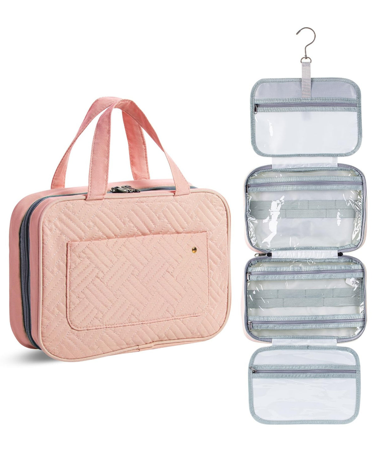 Water-Resistant Travel Toiletry Bag with Hanging Hook and Multiple Compartments - Baby Pink