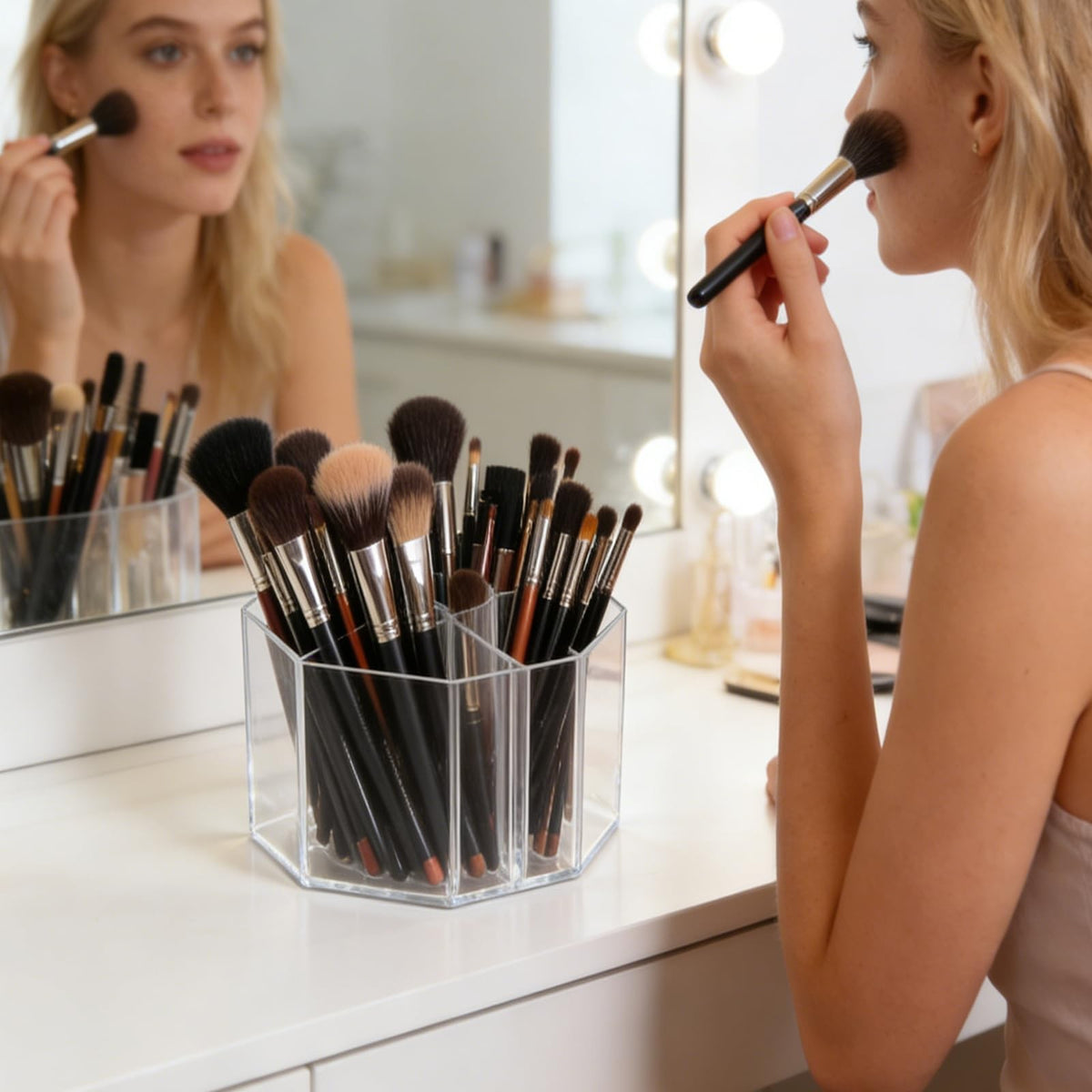 Acrylic Makeup Brush Holder 6.5 Inch Rotating Organizer with 4 Compartments