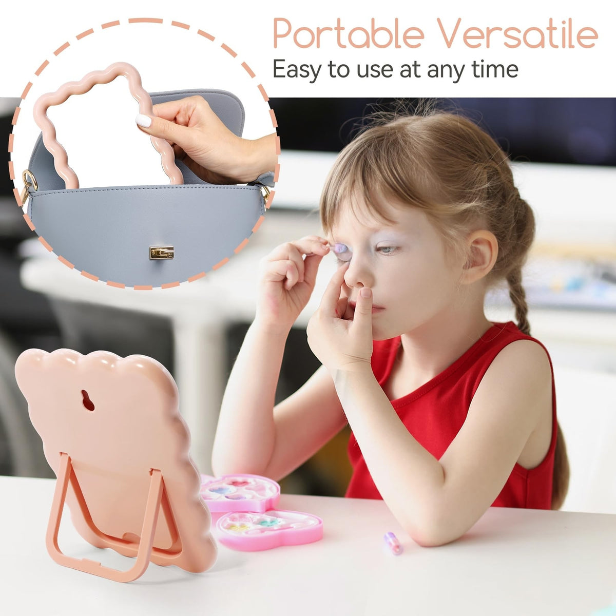 Wave-Shaped Desk Vanity Mirror - Portable Foldable Tabletop Makeup Mirror, Pink