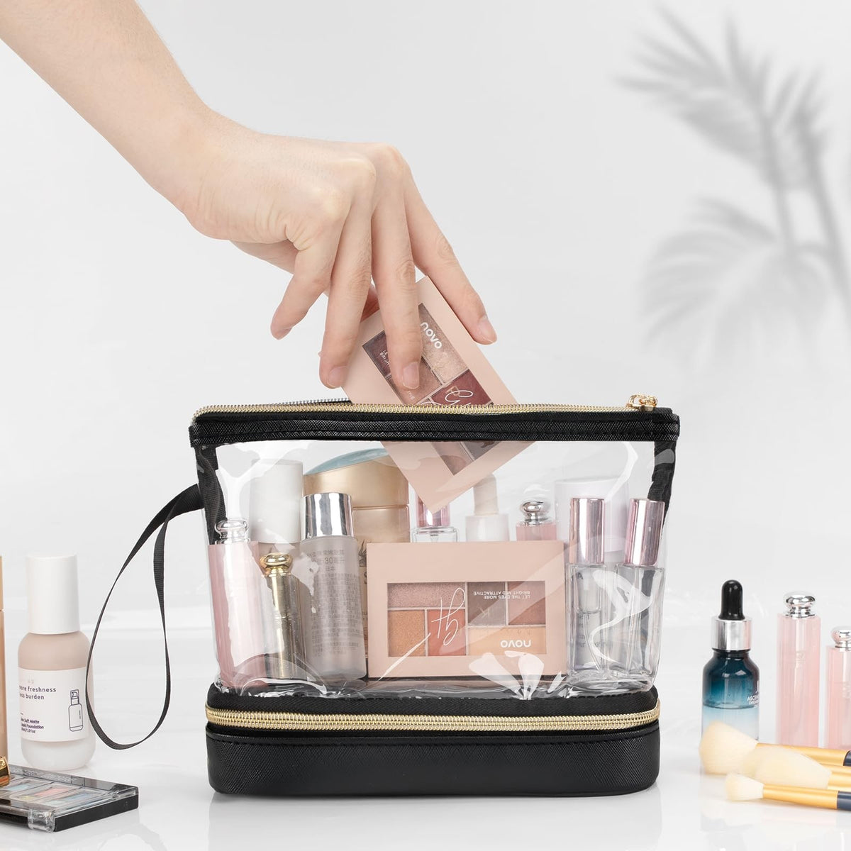 Small Clear Travel Makeup Bag with Double Layers and Faux Leather Handle