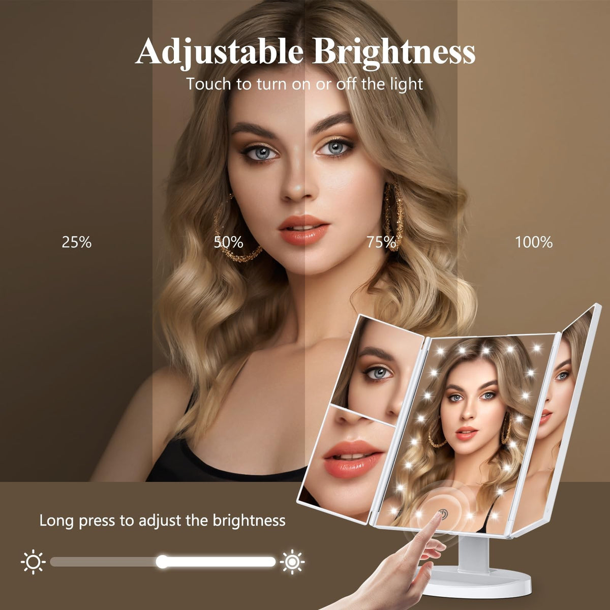 Magnifying Vanity Mirror with Lights 2X 3X 10X Trifold Makeup Mirror Portable LED