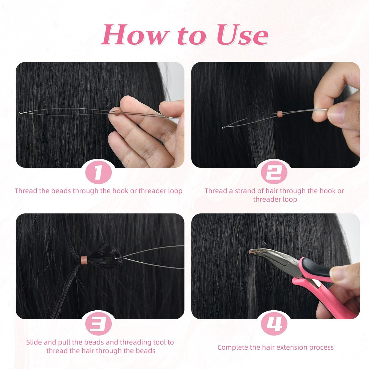 Hair Extension Pliers,3PCS Micro Link Nano Ring Tool for Pink