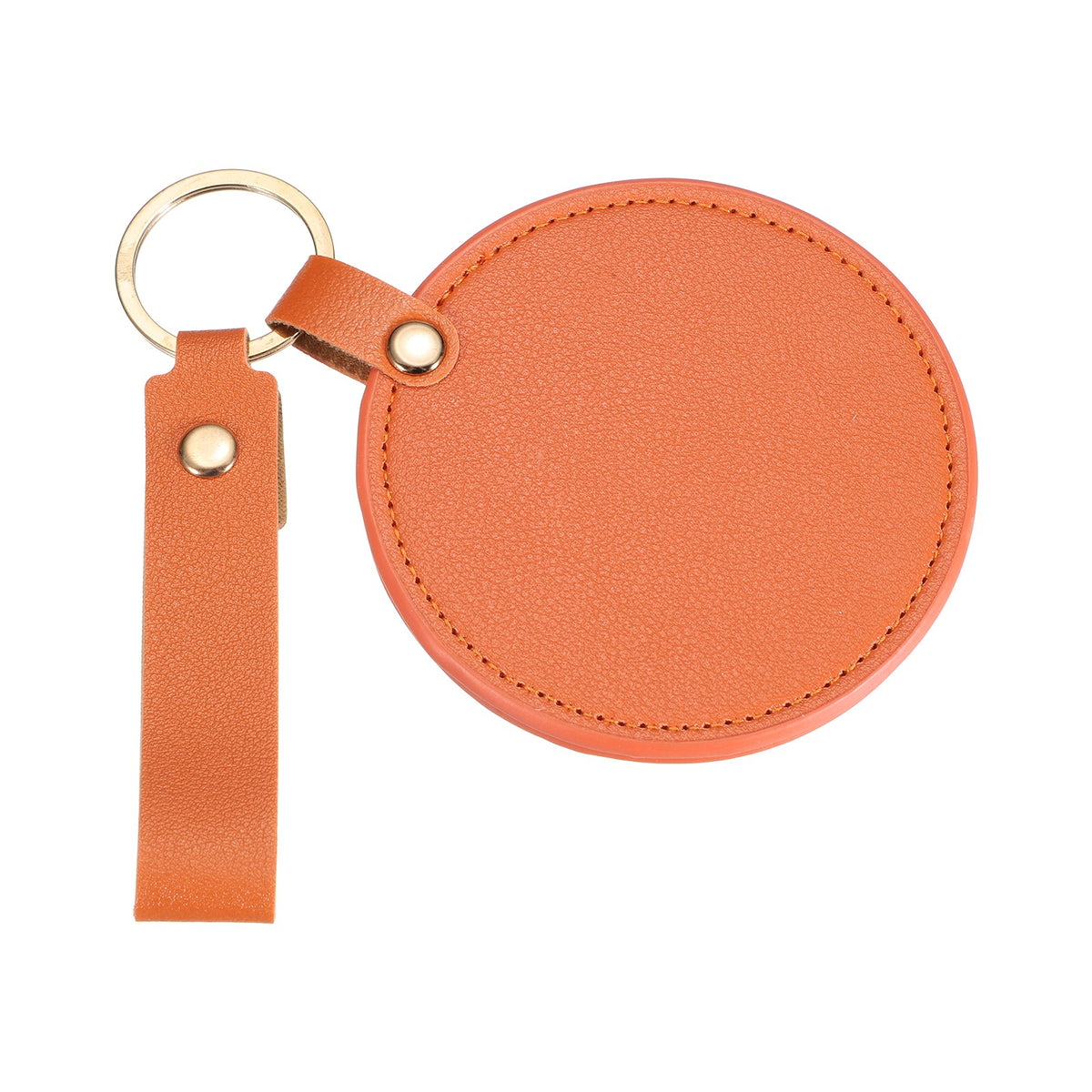 Keychain Mirror Compact with Leather Cover - Portable Round Makeup Mirror Orange Red