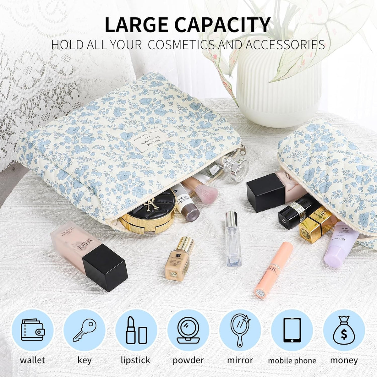 Large Floral Makeup Bag Set - Cotton Quilted Cosmetic Pouches for Women