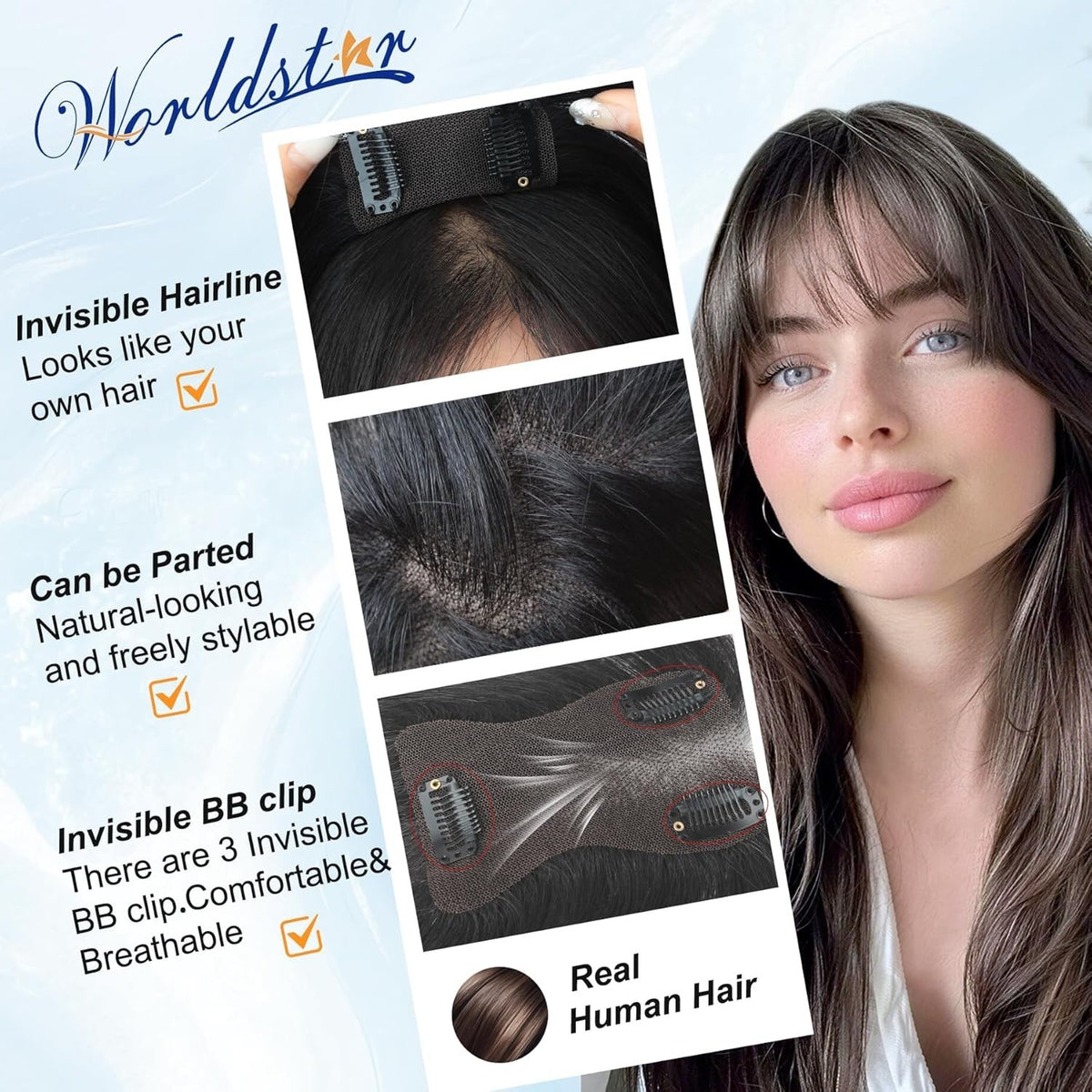 Clip-In Human Hair Bangs Topper - Seamless Natural Volume & Coverage