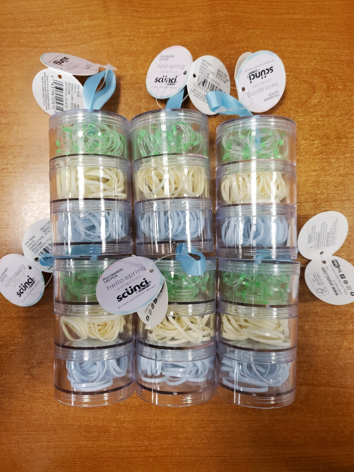 6 Tubes of 120: Scunci Poly Hair Bands *Green/White/Blue* (6143) R9P6a