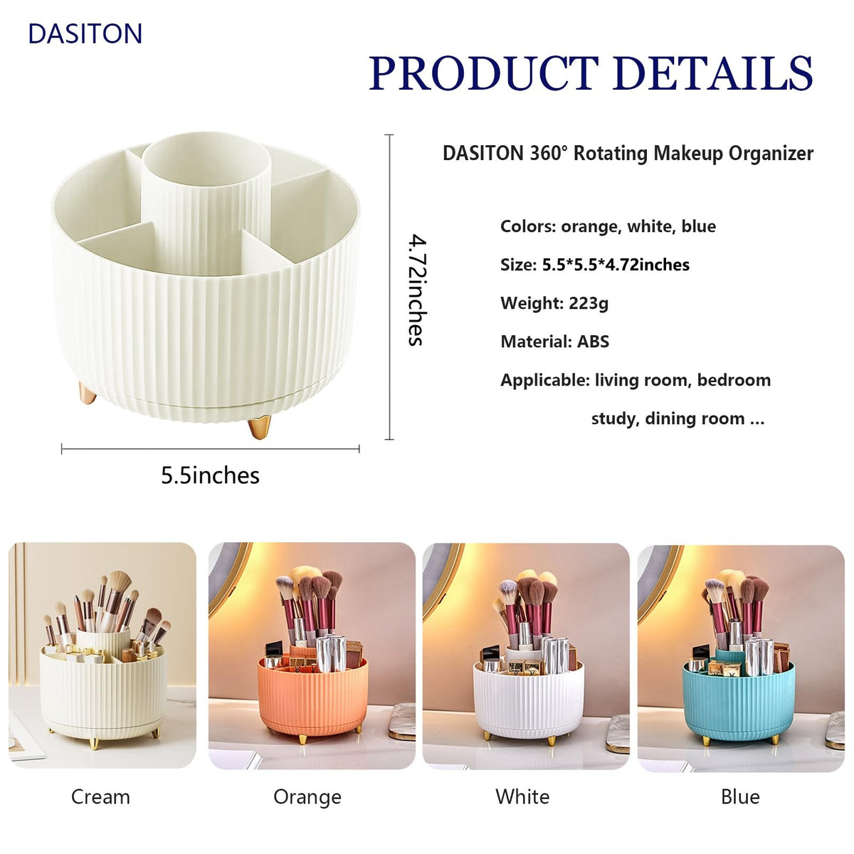 Large Capacity 360° Rotating Makeup Brush Organizer with 5 Slots - White Vanity Storage