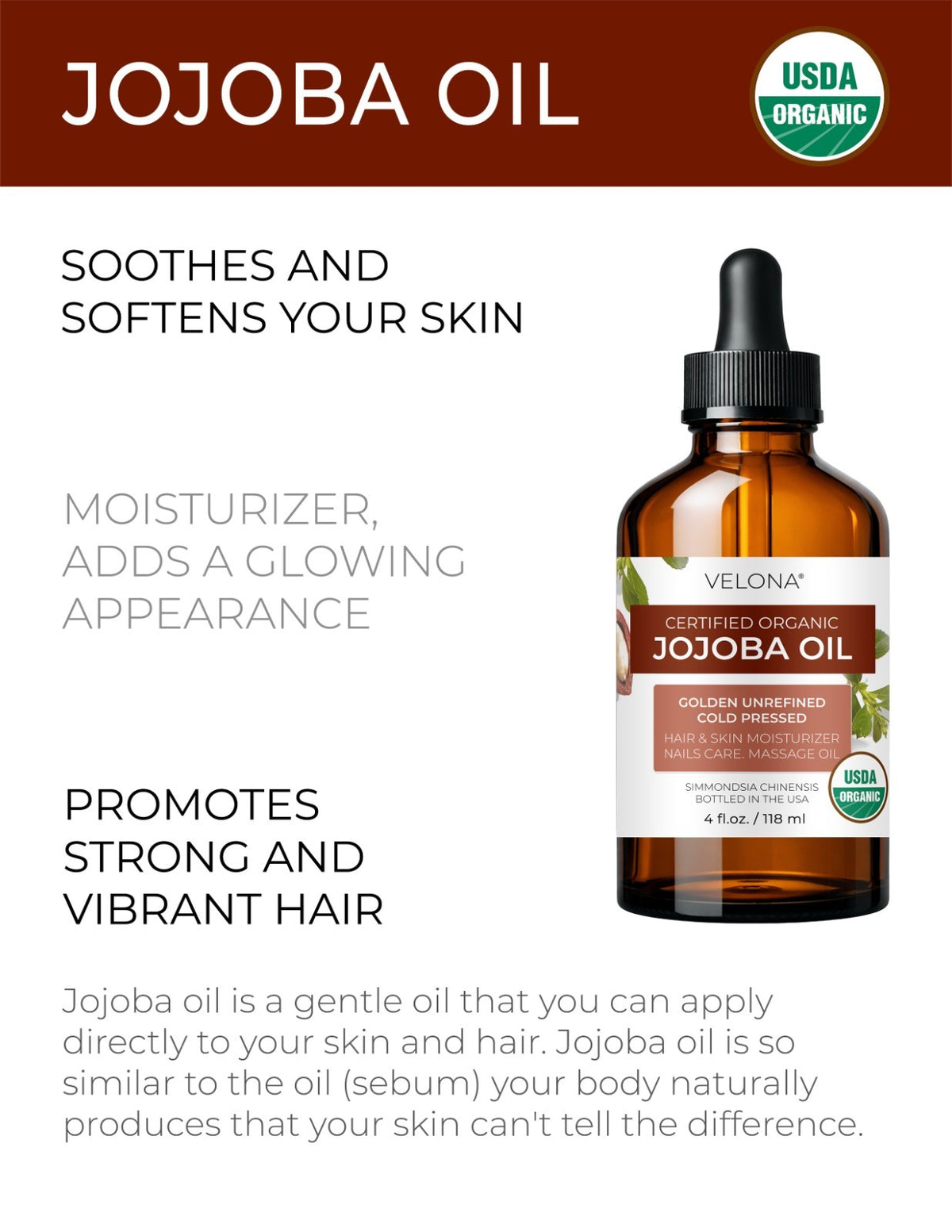 Organic Jojoba Oil 2 Fl Oz - USDA Certified, Cold Pressed, Natural Skin & Hair Care