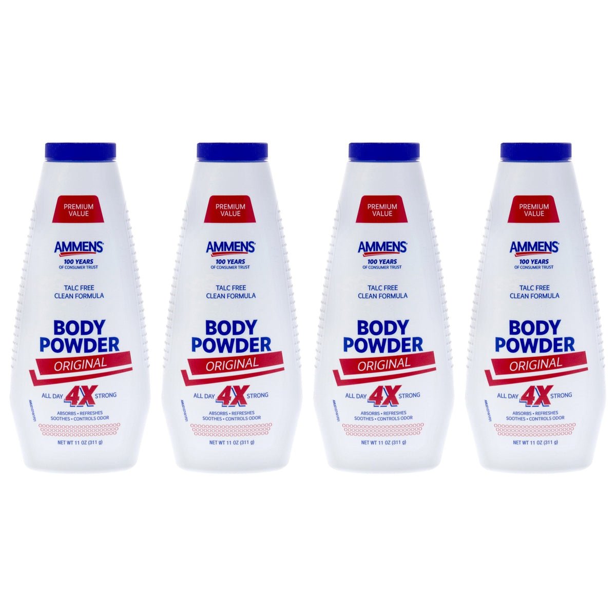 Unisex Body Powder Original by Ammens - 11 oz Pack of 4, Moisture-Absorbing