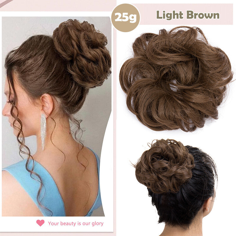 Natural Human Hair Messy Bun Ponytail Extensions with Curly Scrunchie Updo