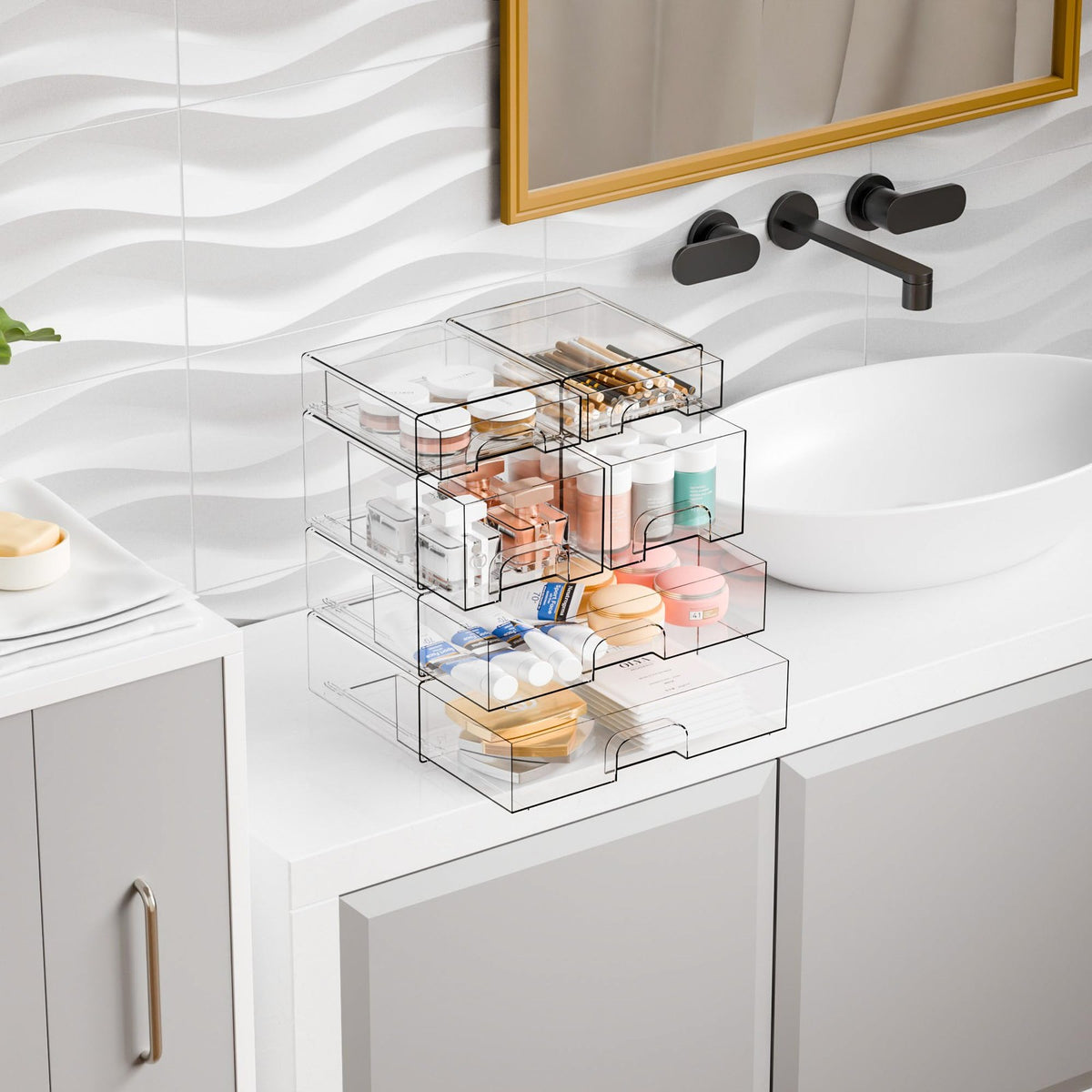 6 Pack Clear Stackable Acrylic Storage Drawers Bathroom Organizer