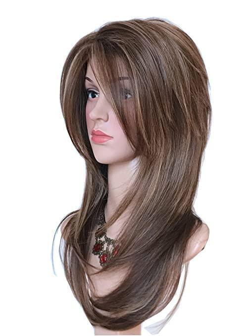 Women Dark Brown Ombre Curly Wig with Gold Highlights Shoulder Length Synthetic Hair