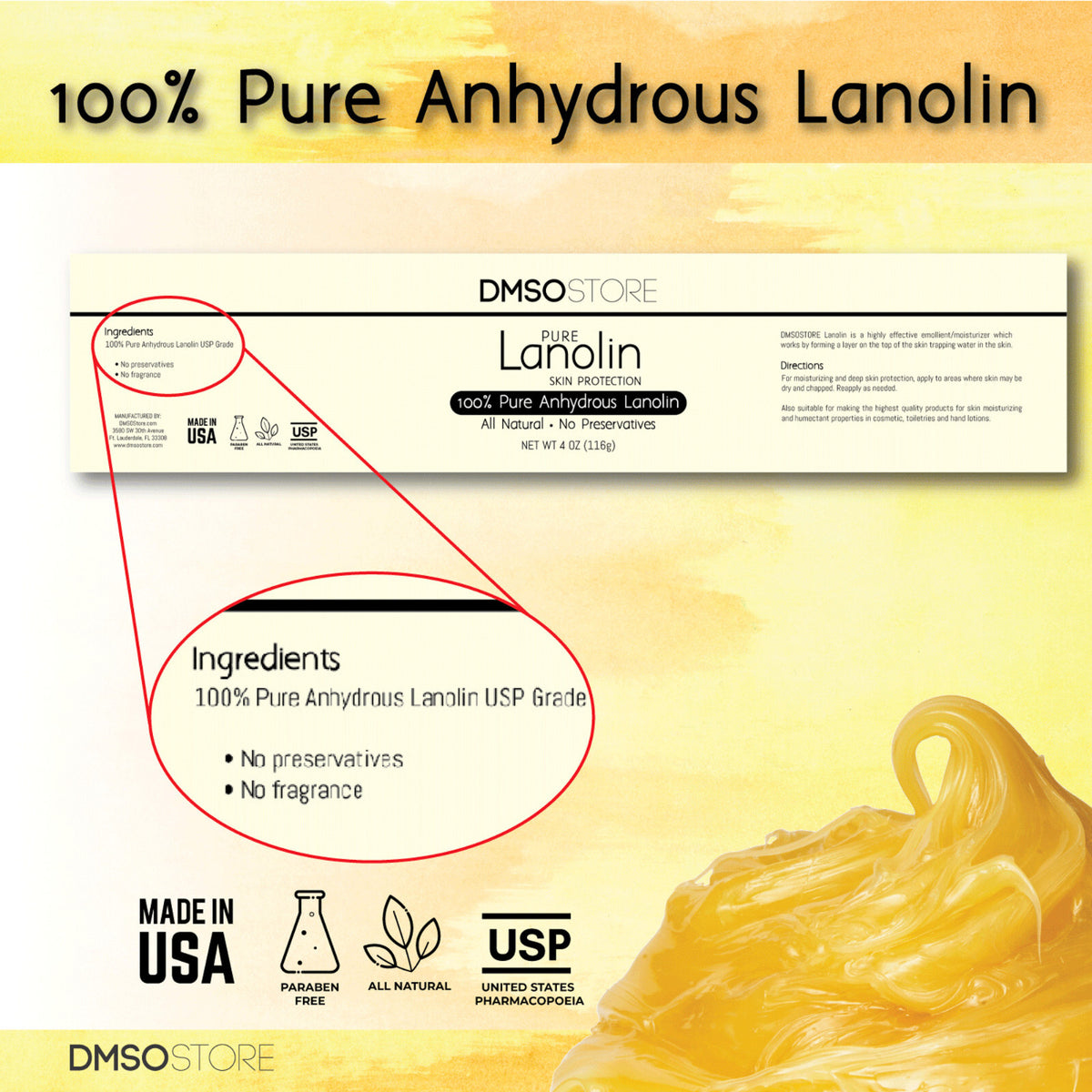 Lanolin USP Grade 4 oz - 100% Pure Anhydrous Moisturizer