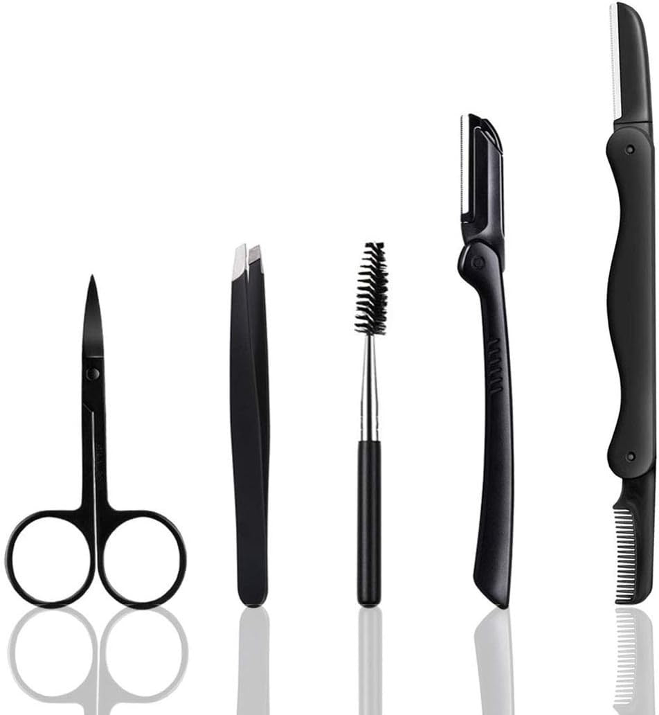 5-in-1 Eyebrow Grooming Kit - Stainless Steel Tweezers, Scissors, Razor