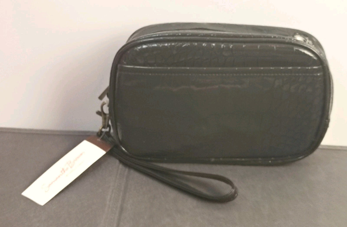 Travel Wristlet Cosmetic Pouch Faux Croc Black - Compact Travel Organizer