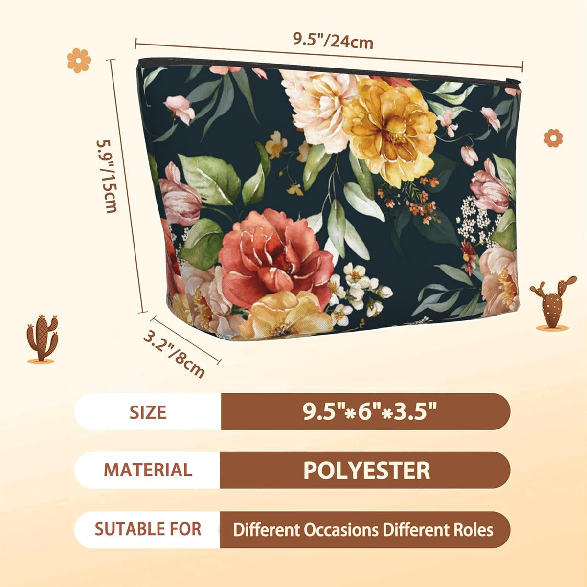 Vintage Pink Flowers Makeup Bag - Travel Cosmetic Bag with Green Leaves, 9.4 x 5.9 x 3.1 in