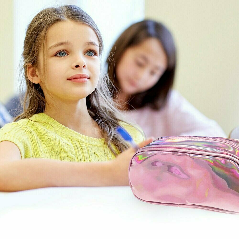 Holographic Pencil Case Pouch - Zippered Cosmetic Bag, 7.5 x 3 x 4 in