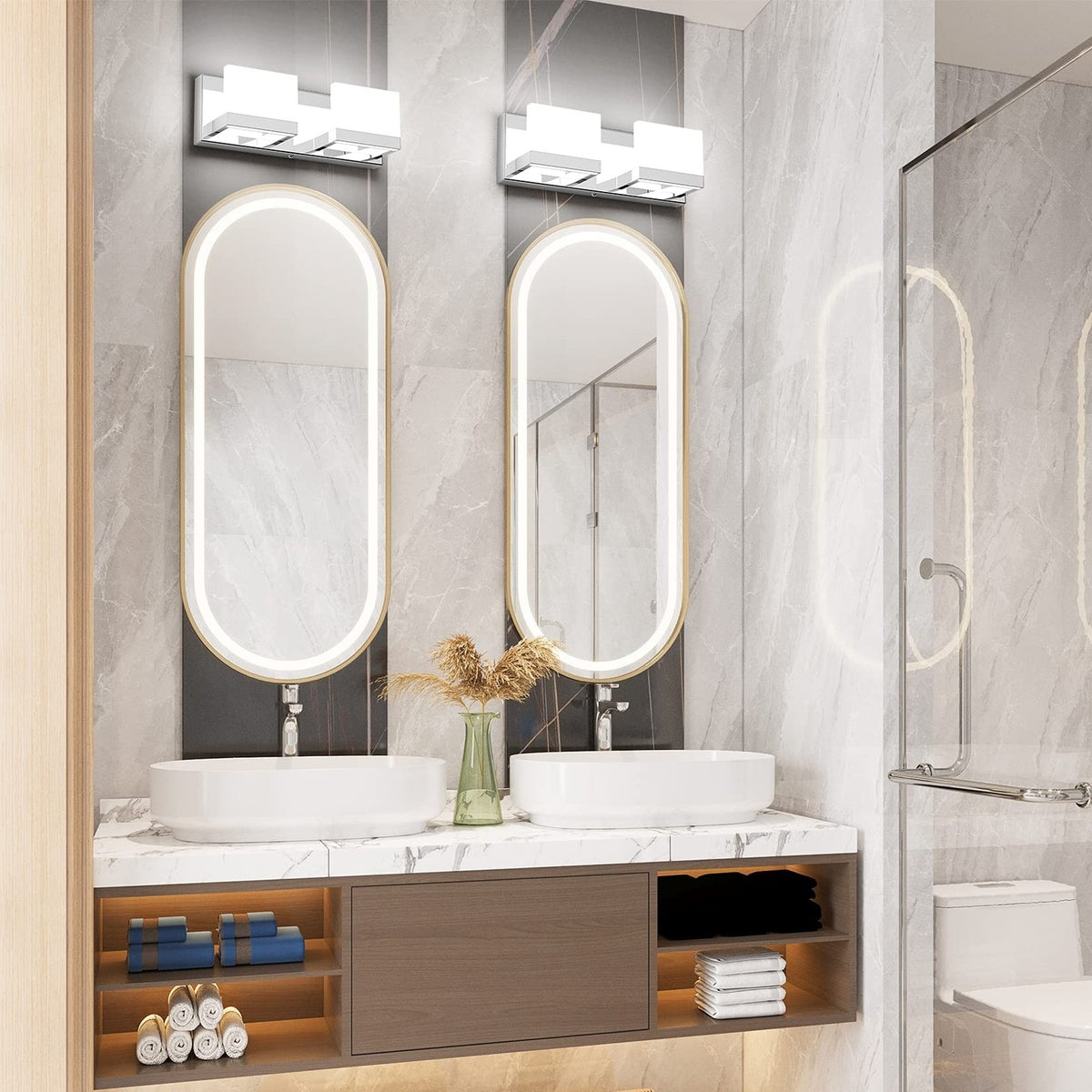 Modern Chrome LED Vanity Light 2-Light Wall Fixture for Bathroom