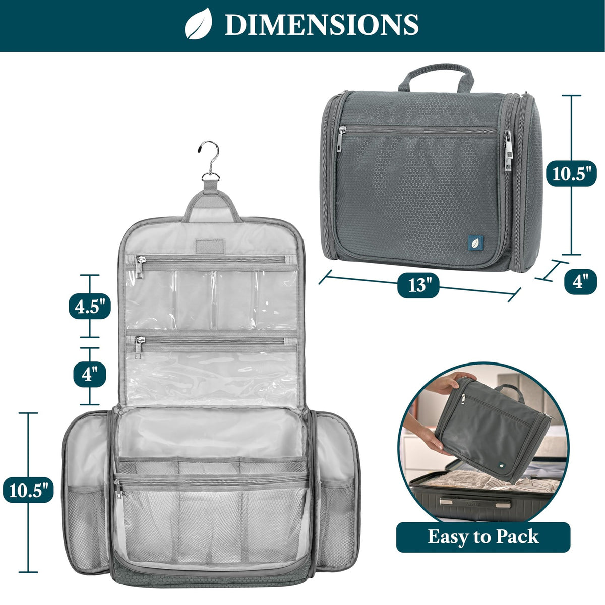 Large Hanging Toiletry Bag with 10 Compartments Waterproof Travel Organizer - Men Women Gray