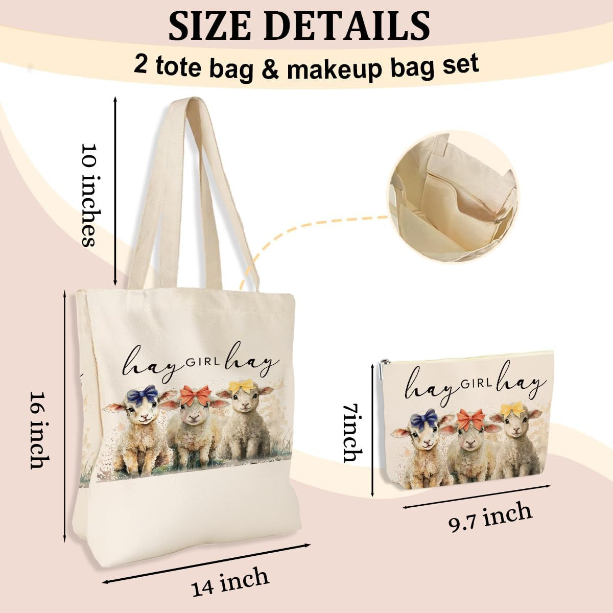 Sheep Lover Gift Set - Sheep Canvas Tote and Makeup Bag, 2 Pieces