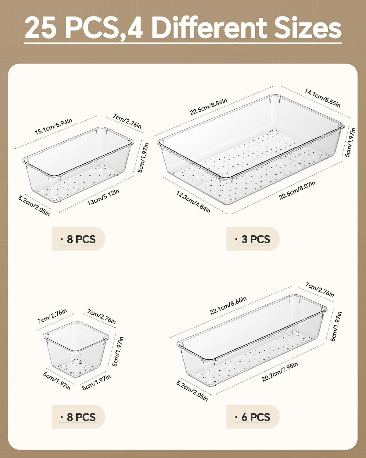 25 Pack Plastic Drawer Organizers Set - Multi-Size Makeup, Vanity & Kitchen Storage Bins