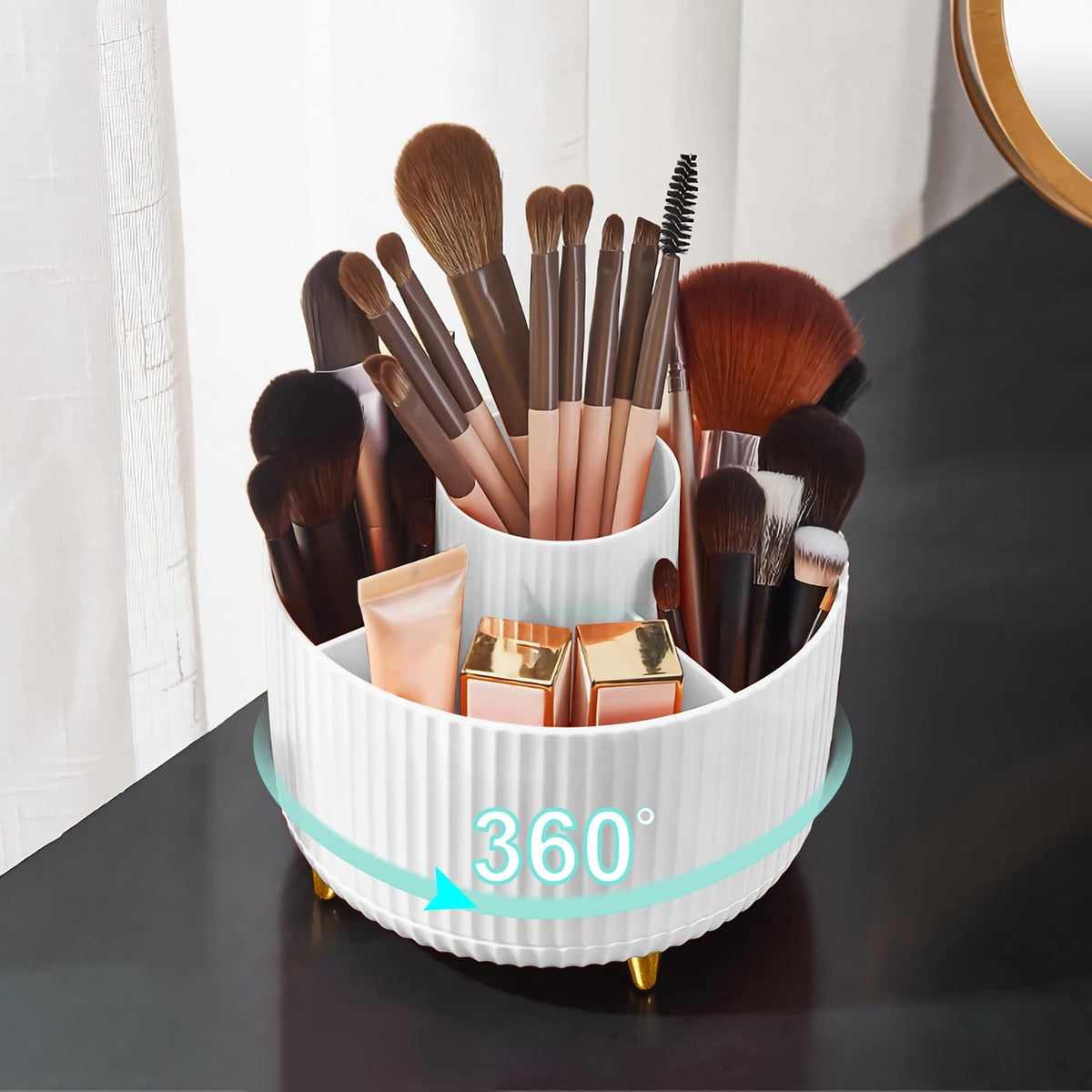 Rotating Makeup Brush Organizer Holder with 5 Compartments, White