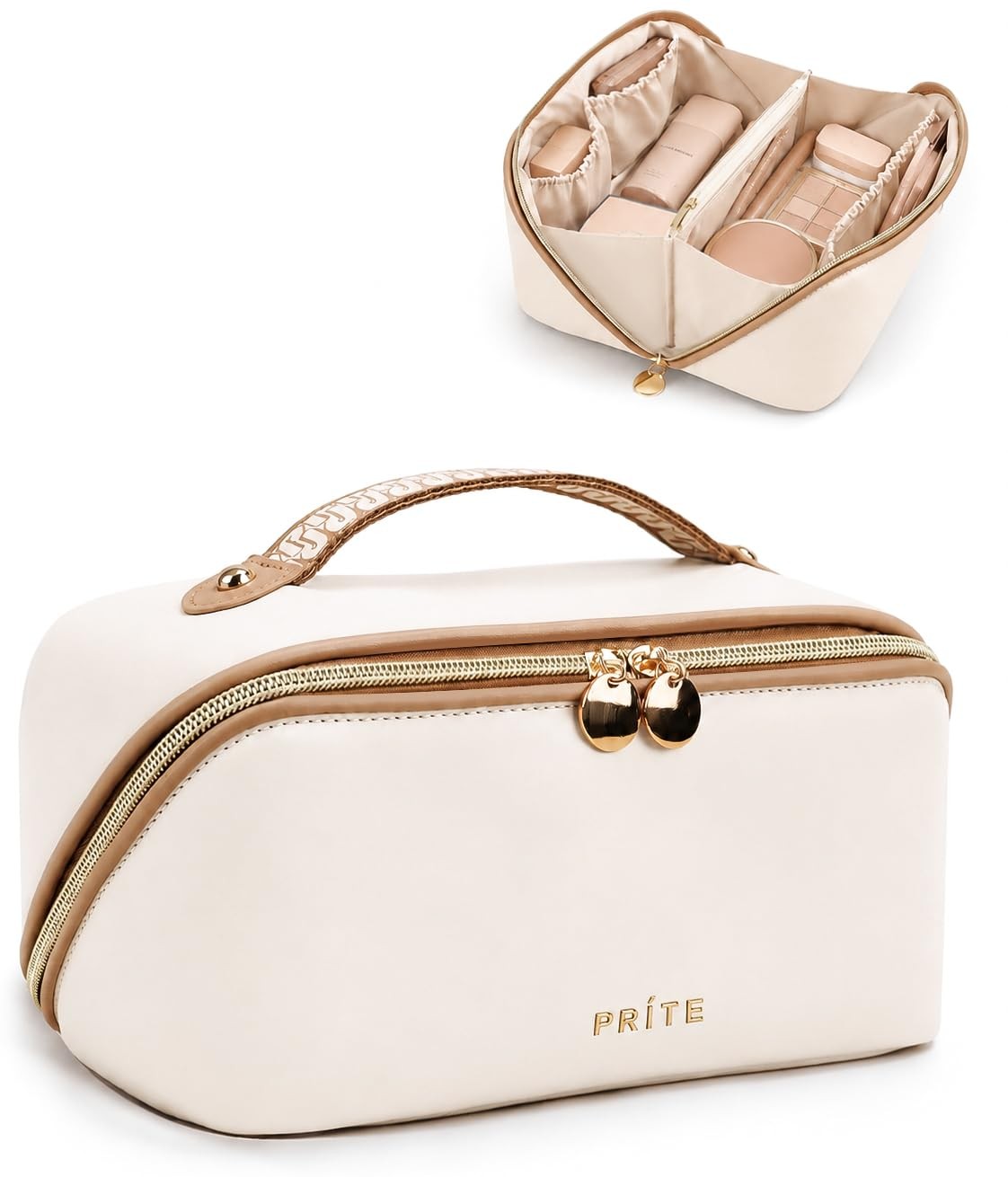 Waterproof Vegan Leather Makeup Bag for Women Travel Medium Beige