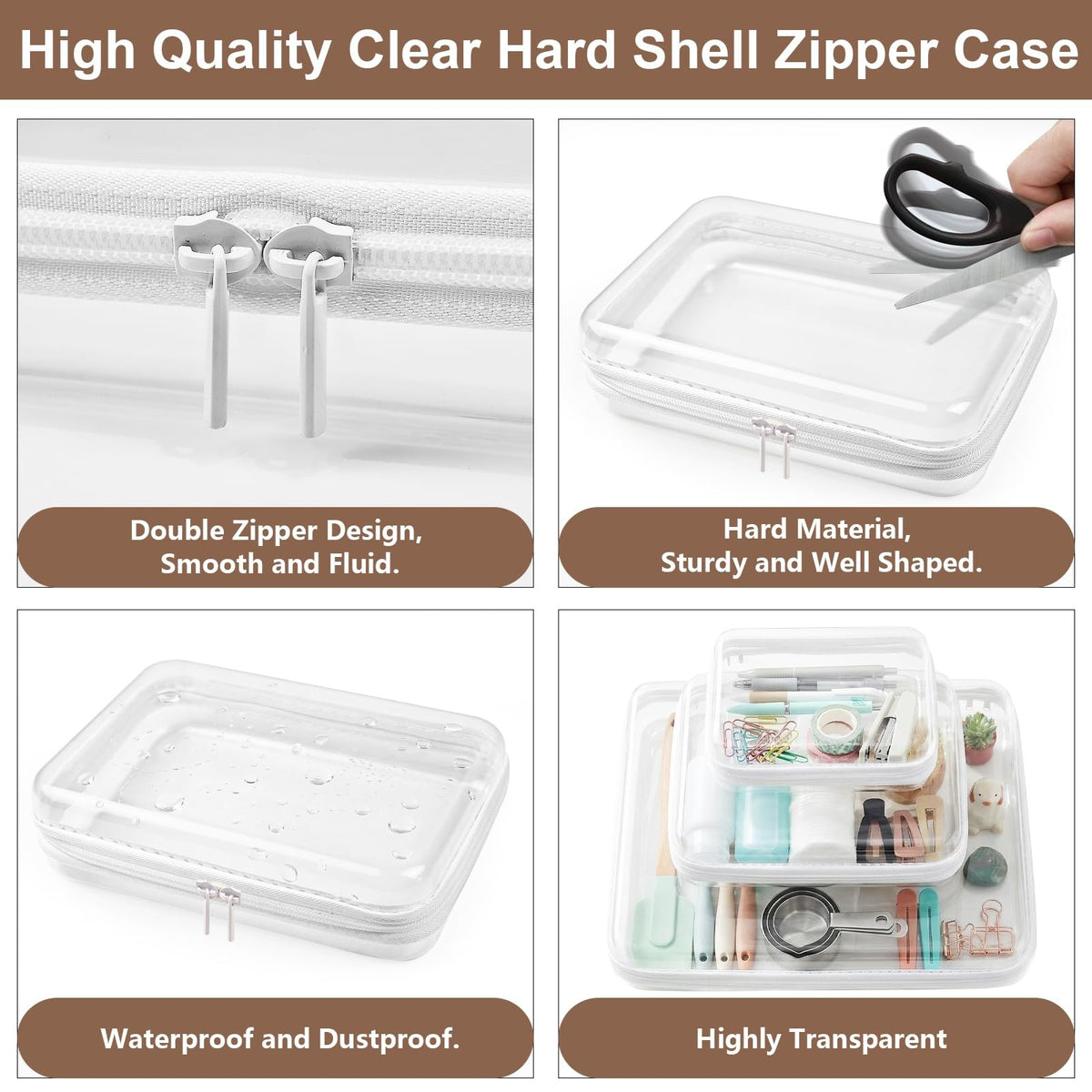 Transparent Waterproof Hard Shell Plastic Zipper Storage Pouches Set 3 Pack
