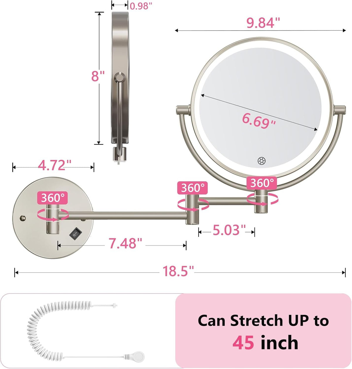 Wall Mounted Lighted Makeup Mirror with 30X Magnification, Adjustable Brightness