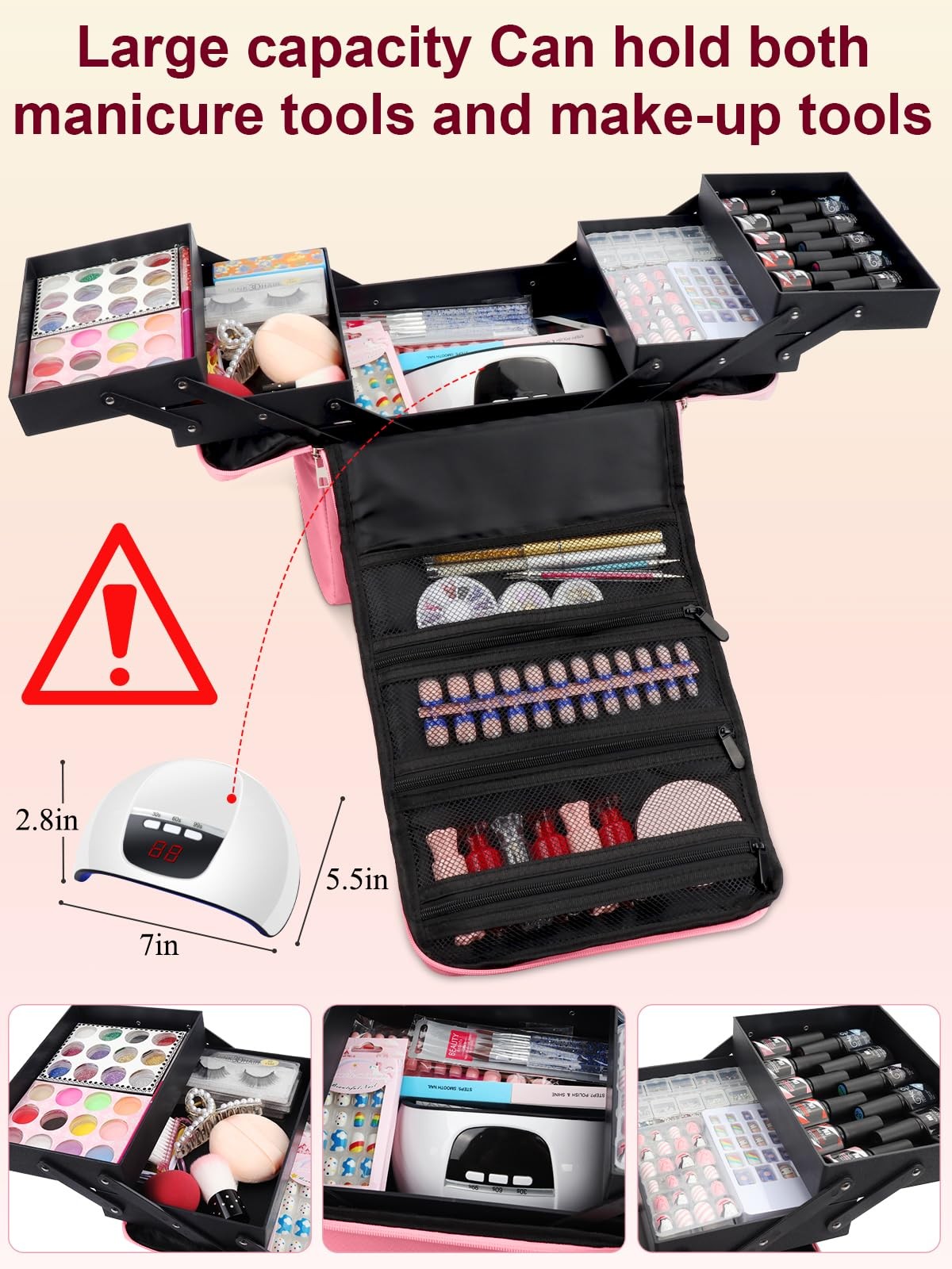 Large Pink Makeup & Nail Polish Organizer Bag 4-Tier Waterproof Travel