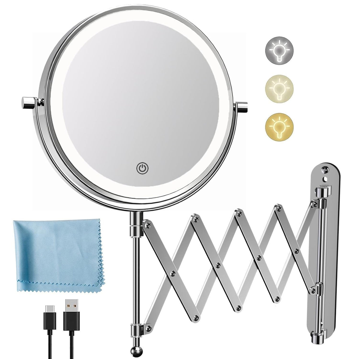 Rechargeable Wall Mounted Makeup Mirror with Lights 8 Inch Double Sided 1X/10X Magnification