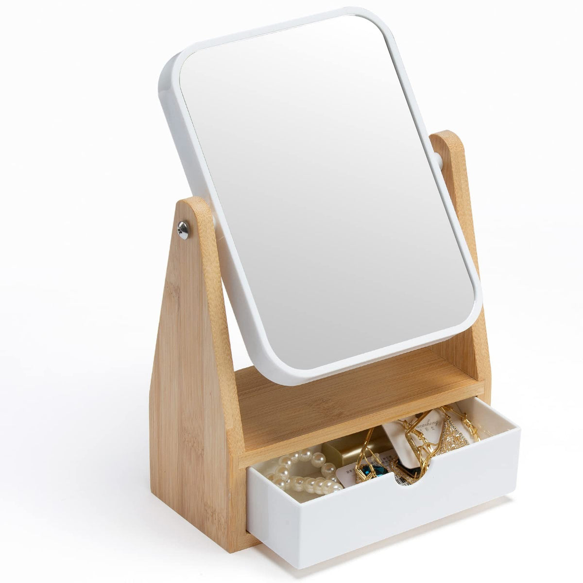Double Sided Makeup Mirror with Storage, 3X Magnification, Adjustable Bamboo Stand
