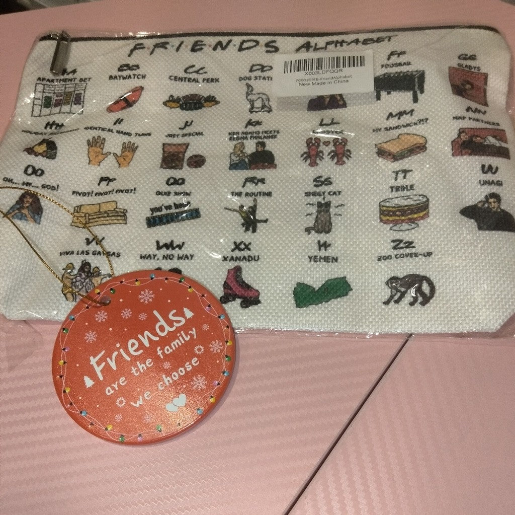 Friends Alphabet Makeup Pouch & Ceramic Ornament Gift Bundle
