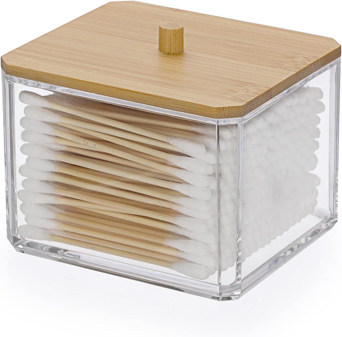 Acrylic Q-Tip Holder Dispenser with Lid - Clear Bathroom Organizer